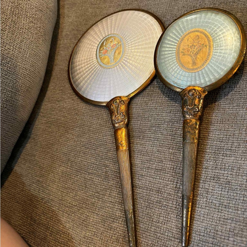 Vintage 1920s Hand Mirror and brush with Gold Accents